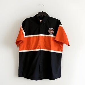 WearGuard Harley-Davidson Shirt Mens Large Black Orange Short Sleeve Button Up